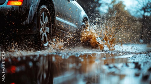 Car driving through the puddle on the road and splashing water