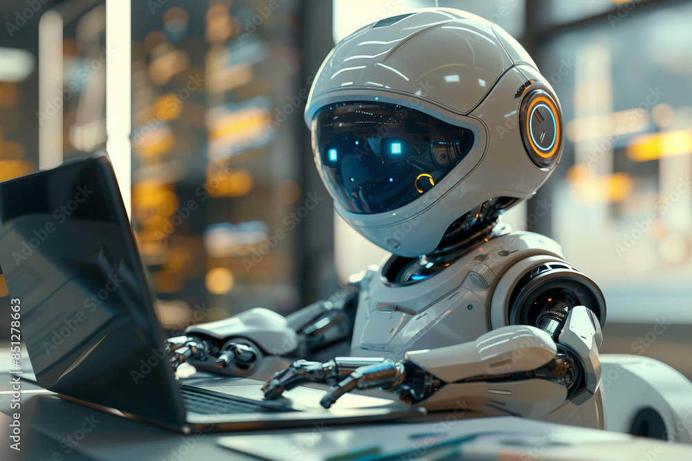 White robot working on a laptop in a modern office setting White robot working on a laptop in a modern office setting