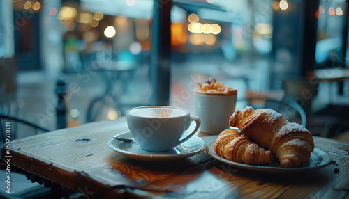 A plate of croissants and a cup of coffee sit on a table in a cafe