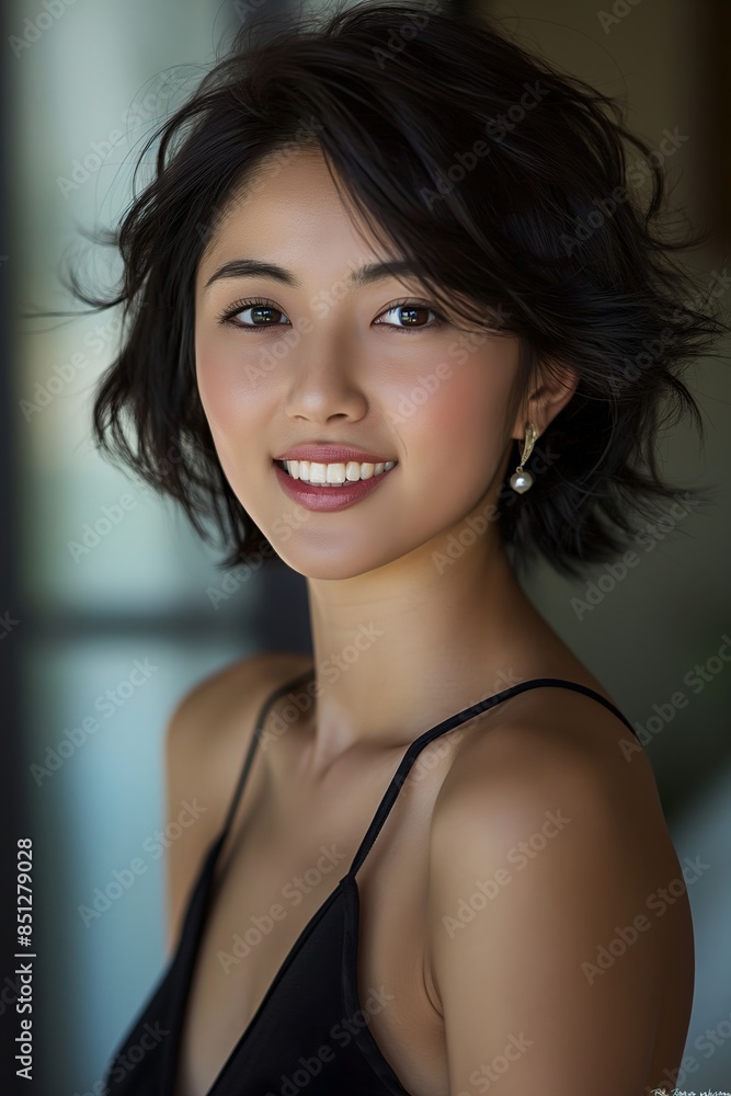 Portrait of a shorthaired Chinese girl smiling with bright eyes and delicate skin. She is wearing a black halter top dress. Portrait of a shorthaired Chinese girl smiling with bright eyes and delicate skin. She is wearing a black halter top dress.