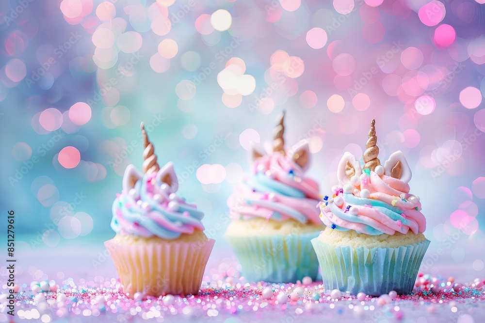 cupcakes decorated as unicorns against a bokeh glitter background in pastel colors cupcakes decorated as unicorns against a bokeh glitter background in pastel colors