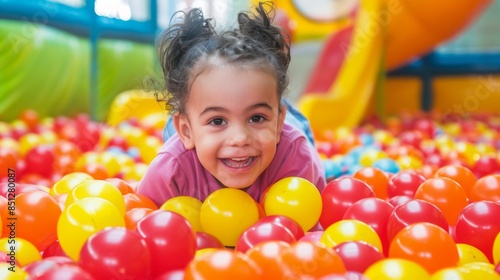 A young girl is laying in a pile of brightly colored balls photo