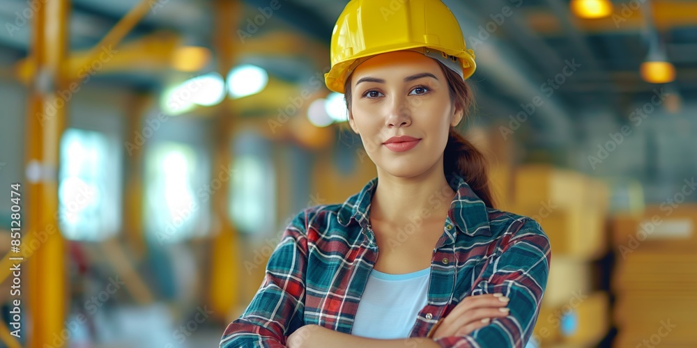 Confident female construction worker in plaid shirt and hardhat stands in a warehouse, ready for work. Confident female construction worker in plaid shirt and hardhat stands in a warehouse, ready for work.