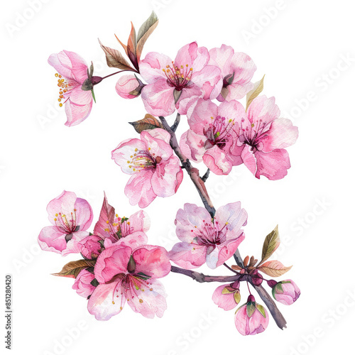 Fototapeta Naklejka Na Ścianę i Meble -  Watercolor illustration of a cluster of pink cherry blossoms with branches and leaves isolated on a white background