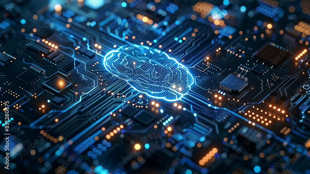 AI concept with glowing neural network, digital circuits, futuristic technology, high-tech, detailed and vibrant, blue and white tones AI concept with glowing neural network, digital circuits, futuristic technology, high-tech, detailed and vibrant, blue and white tones