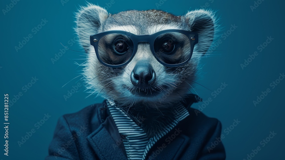Fototapeta premium A raccoon wearing sunglasses and a jacket, looking directly at the camera.