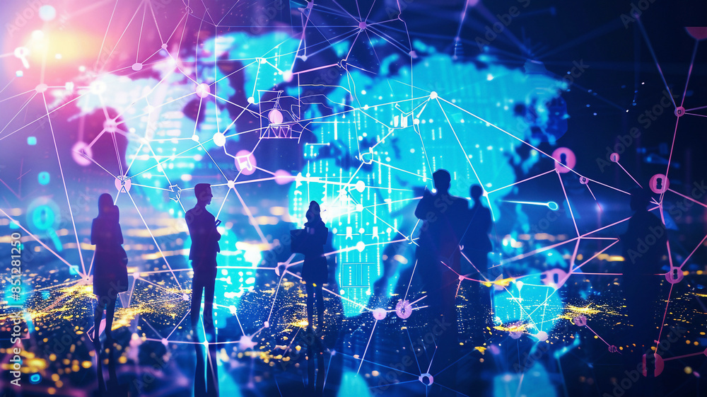 Business people silhouettes overlaid on global business network, world map with digital connections, futuristic and high-tech, vibrant and detailed Business people silhouettes overlaid on global business network, world map with digital connections, futuristic and high-tech, vibrant and detailed