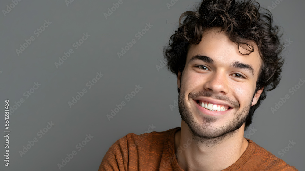A portrait of a smiling young man with curly hair, wearing a brown shirt against a gray background. Perfect for themes of happiness, youth, and positivity. A portrait of a smiling young man with curly hair, wearing a brown shirt against a gray background. Perfect for themes of happiness, youth, and positivity.