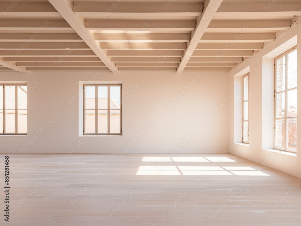 Obraz premium Empty storage room, a warehouse, in beige tones. Luxurious industrial Real Estate composition.
