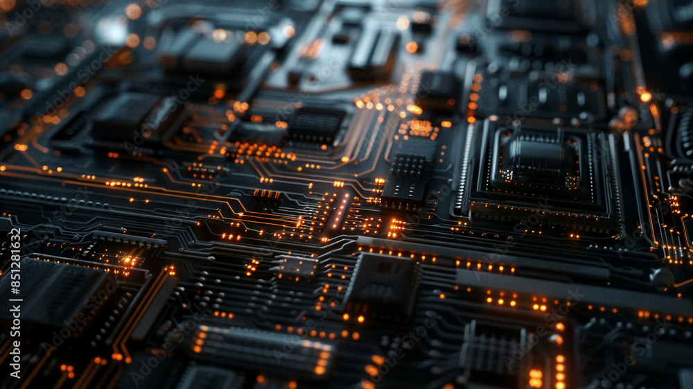 Close-up of intricate circuitry within IoT devices, highlighted by subtle, futuristic lighting effects Close-up of intricate circuitry within IoT devices, highlighted by subtle, futuristic lighting effects