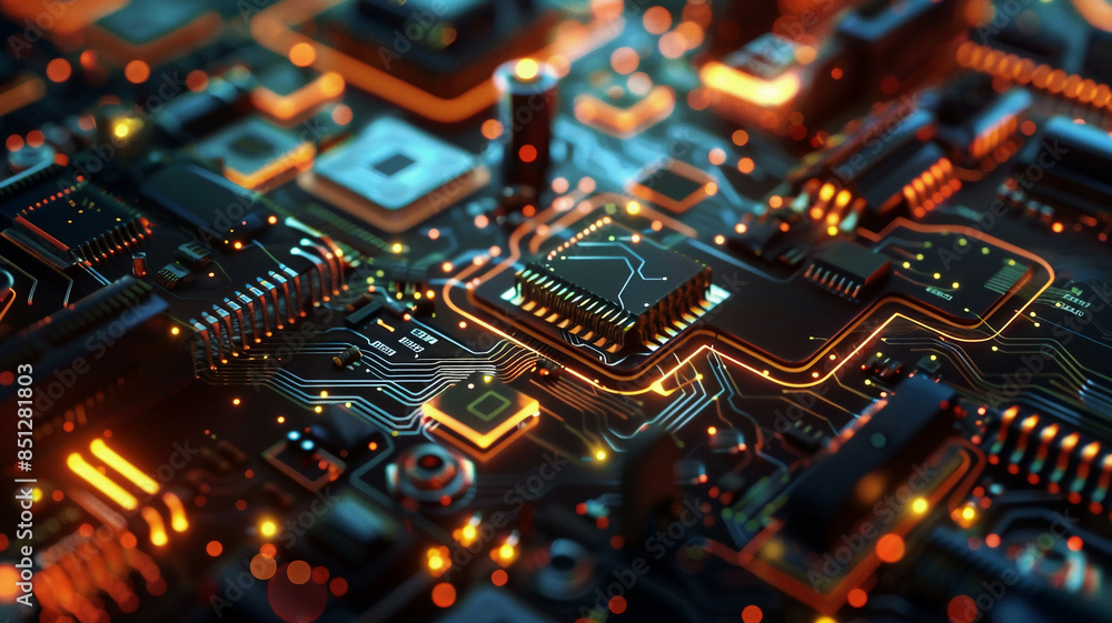 Close-up of intricate circuitry within IoT devices, highlighted by subtle, futuristic lighting effects Close-up of intricate circuitry within IoT devices, highlighted by subtle, futuristic lighting effects
