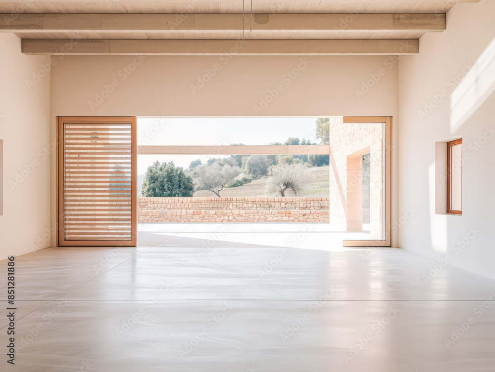 Fototapeta premium Empty storage room, a warehouse, in beige tones. Luxurious industrial Real Estate composition.