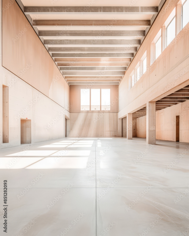 Empty storage room, a warehouse, in beige tones. Luxurious industrial Real Estate composition. Empty storage room, a warehouse, in beige tones. Luxurious industrial Real Estate composition.