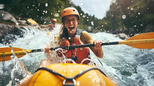 A woman laughing and enjoying herself while rafting on a wild river, equipped with a helmet and life jacket. Ideal for themes of adventure, outdoor activities, and thrill-seeking. © Gita