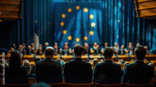 European Union politics concept image with people standing with their backs photo