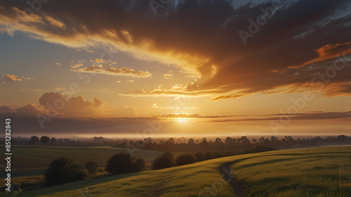 Illustrate a hopeful state of mind with a sunrise over a vast, open landscape, symbolizing new beginnings © Arief