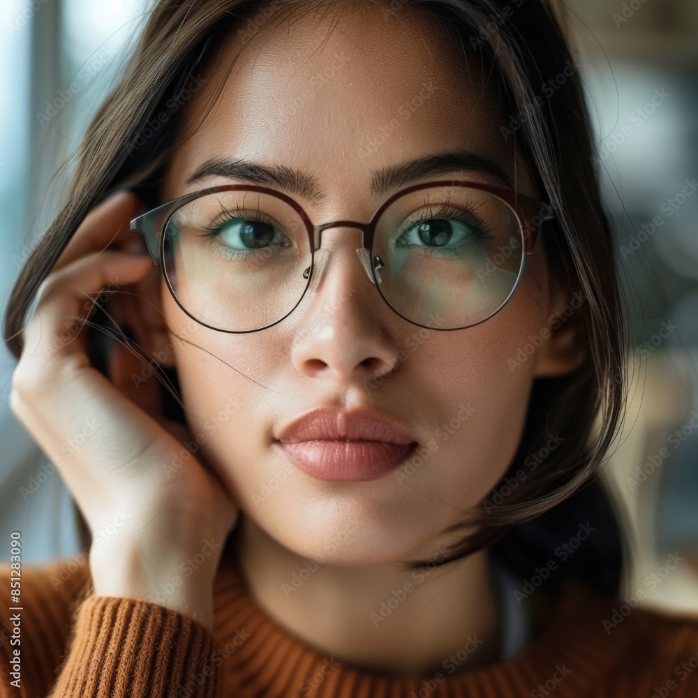 intense portrait of a woman wearing glasses trying to focus intense portrait of a woman wearing glasses trying to focus