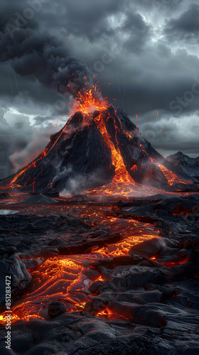 volcano with lava and lava flowing down its sides