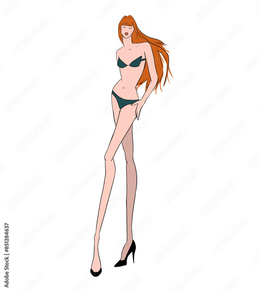 Model with red hair in dark green swimsuit fashion illustration Model with red hair in dark green swimsuit fashion illustration