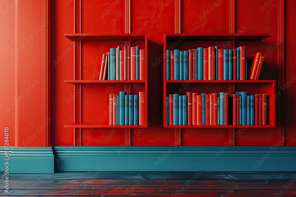 Red Bookshelf in a Bright Room with Colorful Books Modern and Artistic Interior Red Bookshelf in a Bright Room with Colorful Books Modern and Artistic Interior