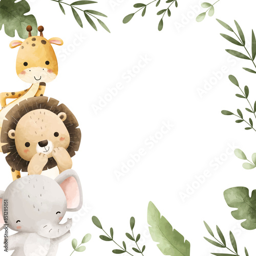 Photography Watercolor Illustration Happy Safari Animals and Tropical Leaves Frame