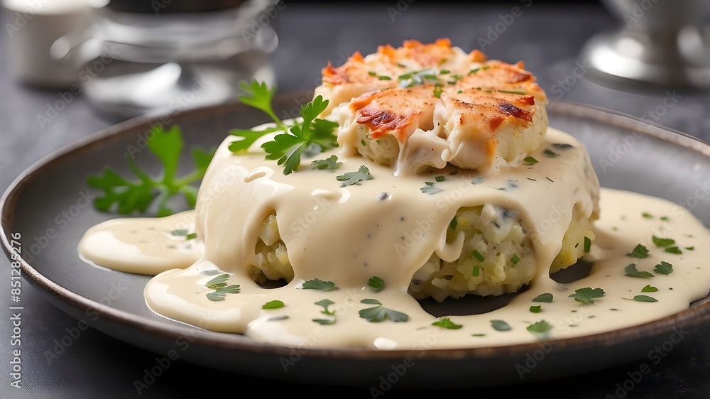Creamy Sauce with Garnish on Crab Cake Creamy Sauce with Garnish on Crab Cake