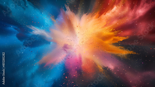 brightly colored powder is flying in the air in a dark space