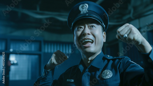 Asian male police happily fist pumping, copy space
