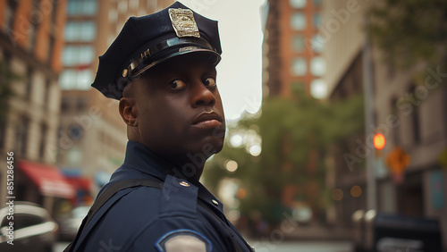 Angry black male police with folded arms, copy space photo