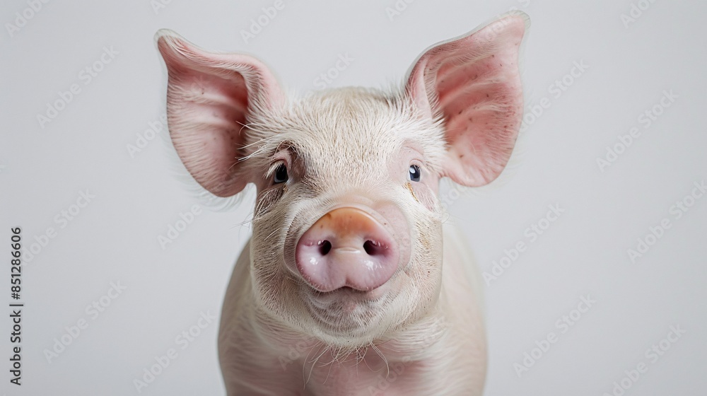 A close-up portrait captures the endearing curiosity of a pig as it looks directly at the camera, set against a pristine white background. The clean, minimalist composition provides ample copy space, A close-up portrait captures the endearing curiosity of a pig as it looks directly at the camera, set against a pristine white background. The clean, minimalist composition provides ample copy space,