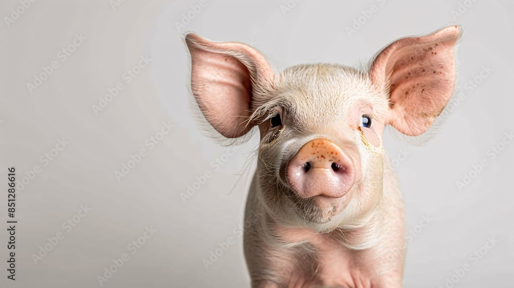 A close-up portrait captures the endearing curiosity of a pig as it looks directly at the camera, set against a pristine white background. The clean, minimalist composition provides ample copy space, A close-up portrait captures the endearing curiosity of a pig as it looks directly at the camera, set against a pristine white background. The clean, minimalist composition provides ample copy space,
