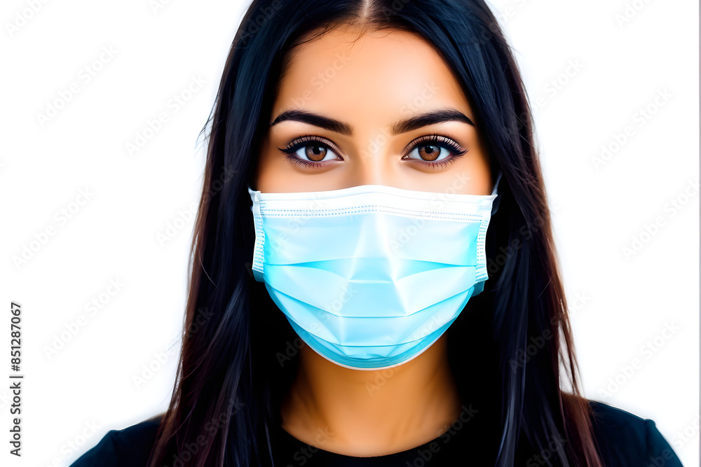 Portrait of young millennial beautiful woman with medic face mask for protection in white background Portrait of young millennial beautiful woman with medic face mask for protection in white background