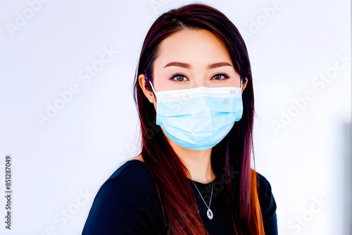 Portrait of young millennial beautiful woman with medic face mask for protection in white background