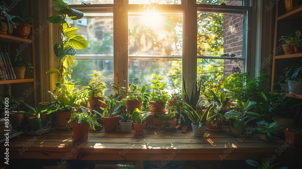 A diverse and lush window garden, filled with various plants thriving in natural light A diverse and lush window garden, filled with various plants thriving in natural light
