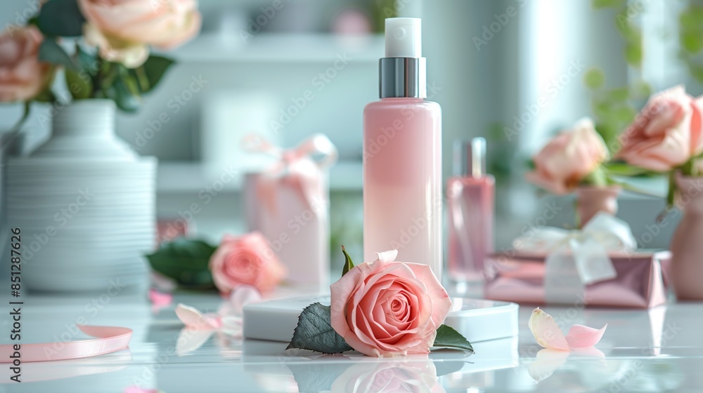 Feminine Skincare Product Arranged Vertically with a Soft and Lovely Flower Background Feminine Skincare Product Arranged Vertically with a Soft and Lovely Flower Background