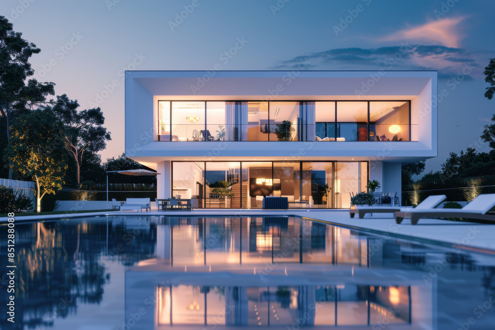 modern white house with large windows and swimming pool at evening modern white house with large windows and swimming pool at evening