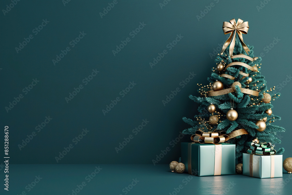 A stunning minimalist Christmas tree in a white ceramic pot, adorned with delicate gold and silver ornaments, set against a deep green background, elegant design with clean image A stunning minimalist Christmas tree in a white ceramic pot, adorned with delicate gold and silver ornaments, set against a deep green background, elegant design with clean image