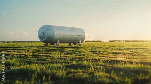 a white modern cylindrical spaceship standing in a green Belgian field, photorealistic, --ar 16:9 Job ID: d1e16ef3-8db5-4092-a449-bc26d56329e0