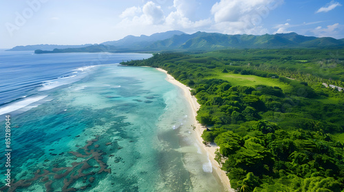 A panoramic view of the island's coastline, showcasing the contrast between the white sandy beach and the lush green interior, waves gently lapping at the shore © Komkrit