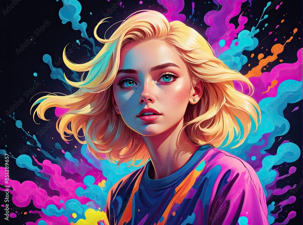 Bold neon colors, a blonde 22 year old woman as she sees the world while experiencing hallucinations, stoned, splash art. Bold neon colors, a blonde 22 year old woman as she sees the world while experiencing hallucinations, stoned, splash art.