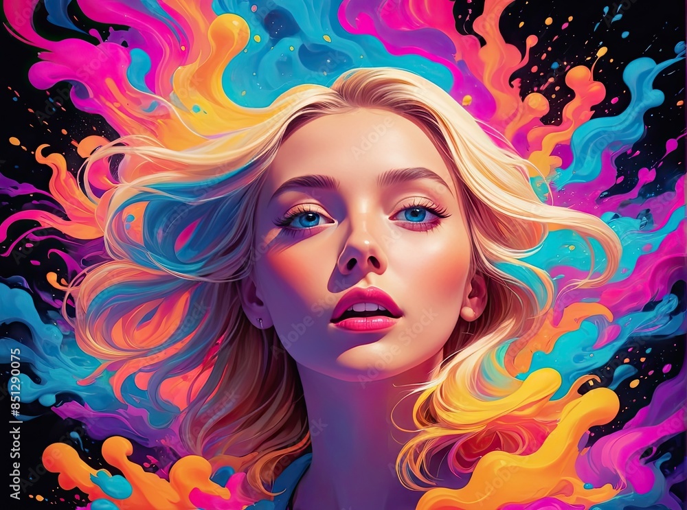 Bold neon colors, a blonde 22 year old woman as she sees the world while experiencing hallucinations, stoned, splash art. Bold neon colors, a blonde 22 year old woman as she sees the world while experiencing hallucinations, stoned, splash art.
