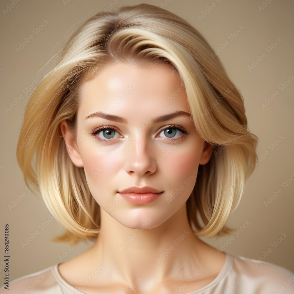 Portrait of a young blonde caucasian woman with a luminous, bright glowing complexion accentuated by the effects of recent facial or beauty treatment, placed on a plain beige backdrop Portrait of a young blonde caucasian woman with a luminous, bright glowing complexion accentuated by the effects of recent facial or beauty treatment, placed on a plain beige backdrop