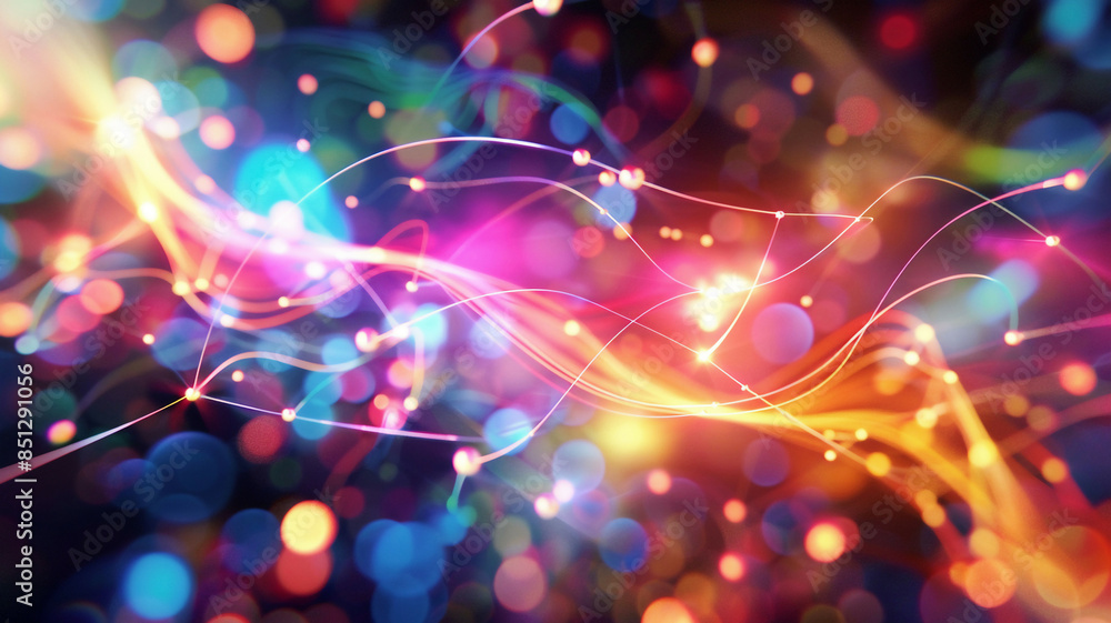 Abstract representation of IoT connectivity, with glowing orbs interconnected by luminous lines against a backdrop of swirling colors Abstract representation of IoT connectivity, with glowing orbs interconnected by luminous lines against a backdrop of swirling colors