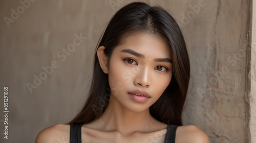 Close up portrait of beautiful Asian female model in 20s with perfect glowy skin © triocean