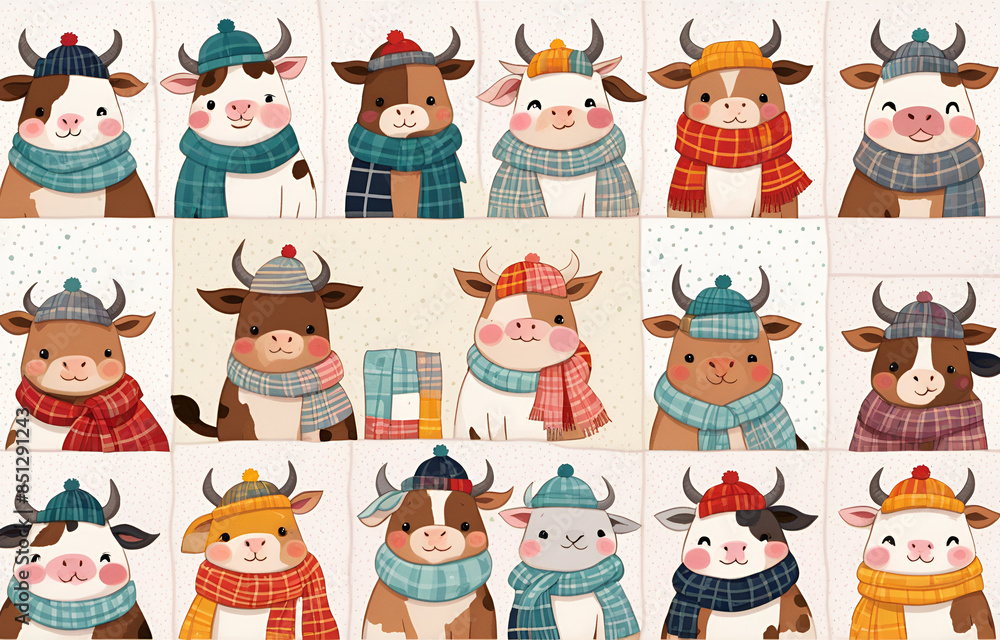 Fototapeta premium Cartoon cow wearing hats and necklaces,litele cow ,Duoge Comics. Multi grid emoticons, multiple animal avatars and expressions