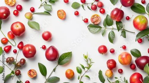 composition table scattered with kakadu plum, camu camu, acerola, indian goosebery, rose hip, and guava photo