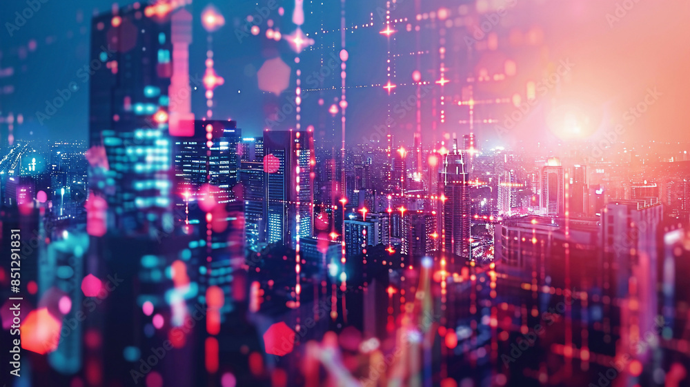 Cityscape with telecommunication network, wireless internet for 5G LTE and smart grid, IoT integration, global business, fintech, blockchain, futuristic and vibrant Cityscape with telecommunication network, wireless internet for 5G LTE and smart grid, IoT integration, global business, fintech, blockchain, futuristic and vibrant