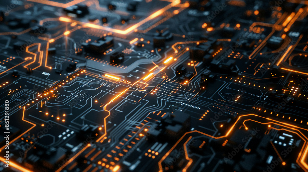 Close-up of intricate circuitry within IoT devices, highlighted by subtle, futuristic lighting effects Close-up of intricate circuitry within IoT devices, highlighted by subtle, futuristic lighting effects