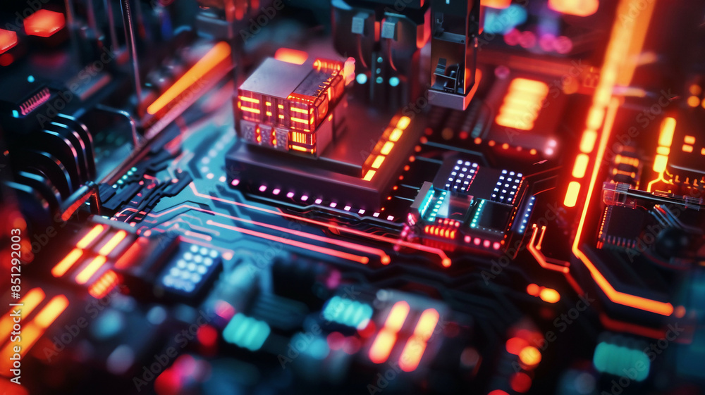 Close-up of IoT devices against a dark, futuristic backdrop, illuminated by vibrant, futuristic neon lights Close-up of IoT devices against a dark, futuristic backdrop, illuminated by vibrant, futuristic neon lights