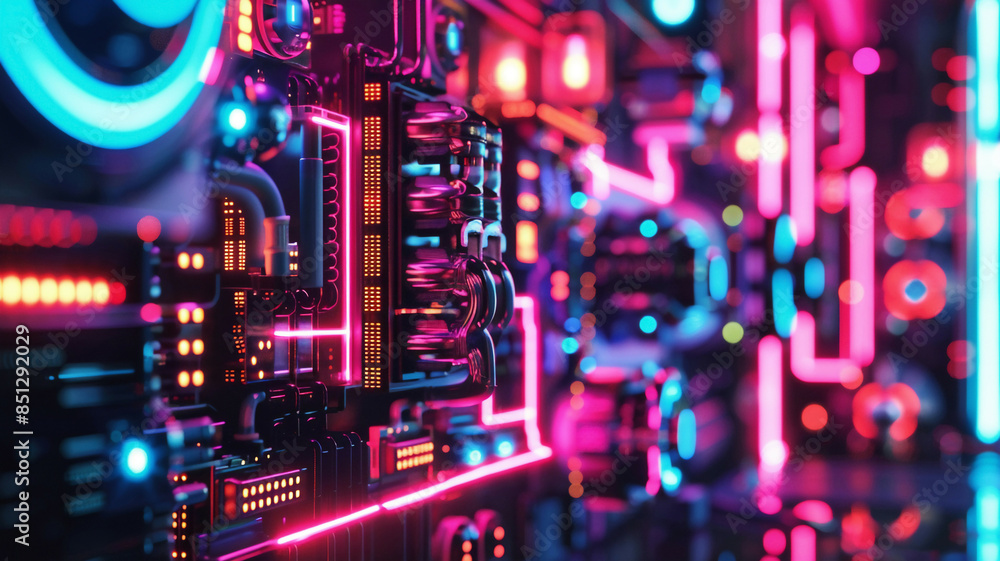 Close-up of IoT sensors against a dark, futuristic backdrop, illuminated by vibrant, neon lights for a dramatic effect Close-up of IoT sensors against a dark, futuristic backdrop, illuminated by vibrant, neon lights for a dramatic effect